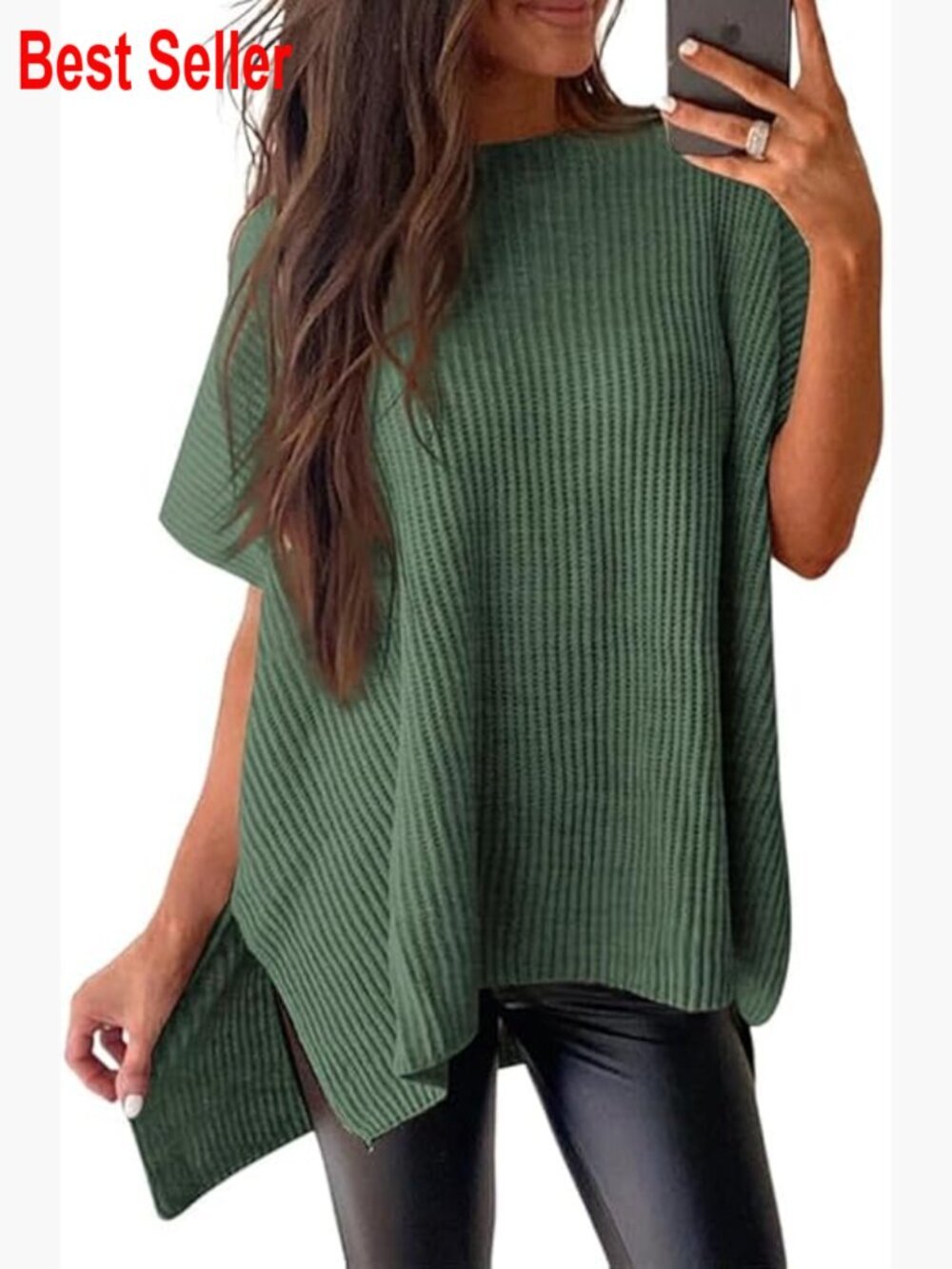 Crewneck Short Sleeve Sweater Tunic Top Lightweight Cotton Acrylic Pullover